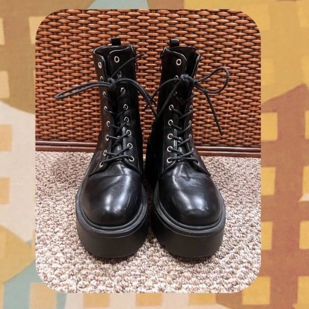 SHEIN Black Faux Leather Lace Up Platform Combat Boots - Picture 2 of 16